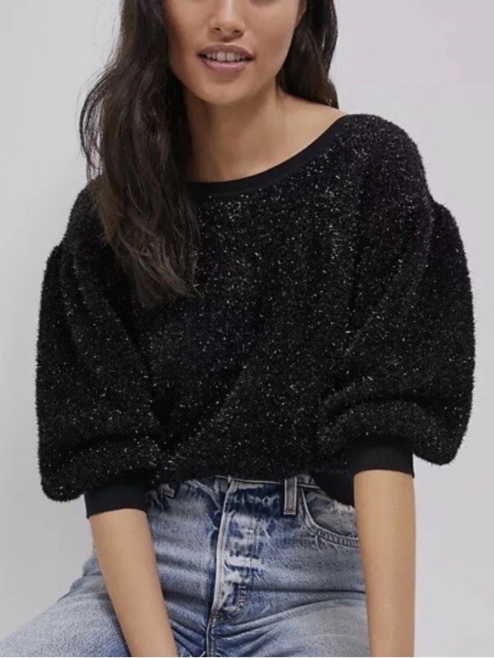 Maeve Anthro Black Sparkle Scoop-Neck Pullover Puffy Sleeve size Small Party Top